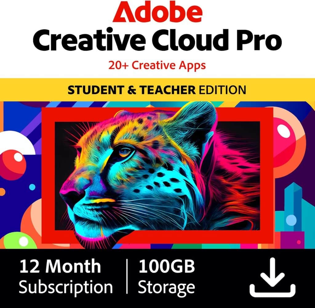 Adobe Creative Cloud Pro STE (Student & Teacher Edition) – 20+ Creative Apps + 100GB Storage [12-Month Subscription for PC/Mac]